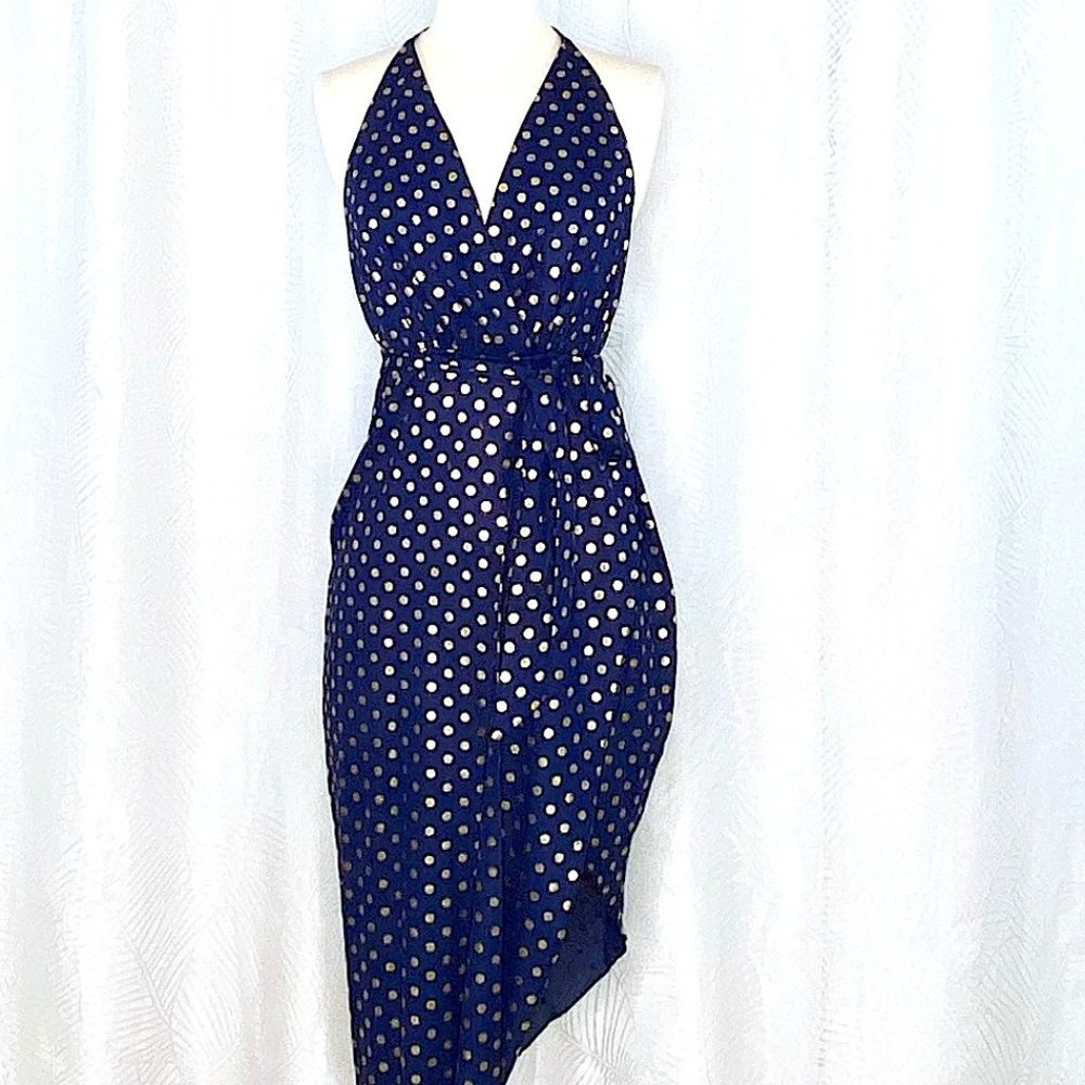 NWOT Halter Blue Dress w/ Gold Polka Dots